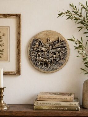 Vintage Chalkware Cottage Wall Plaque, English Countryside Horse Cart Relief 11”